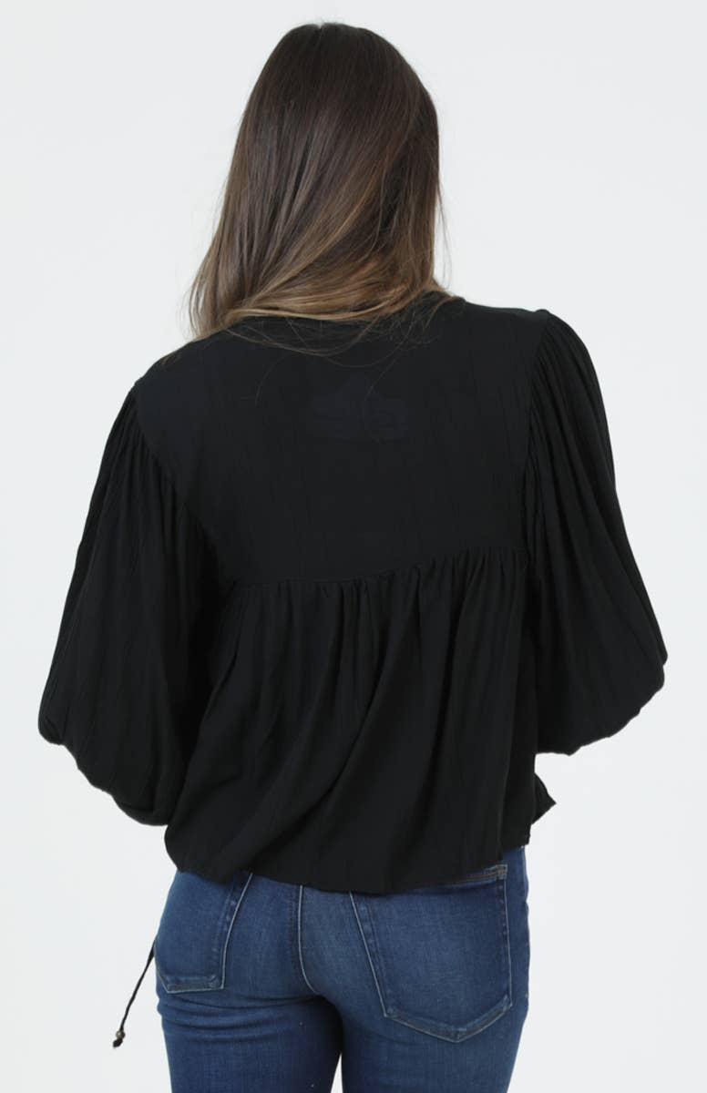 Boho Puff Sleeve V-Neck Black Blouse Sizes Small - Large