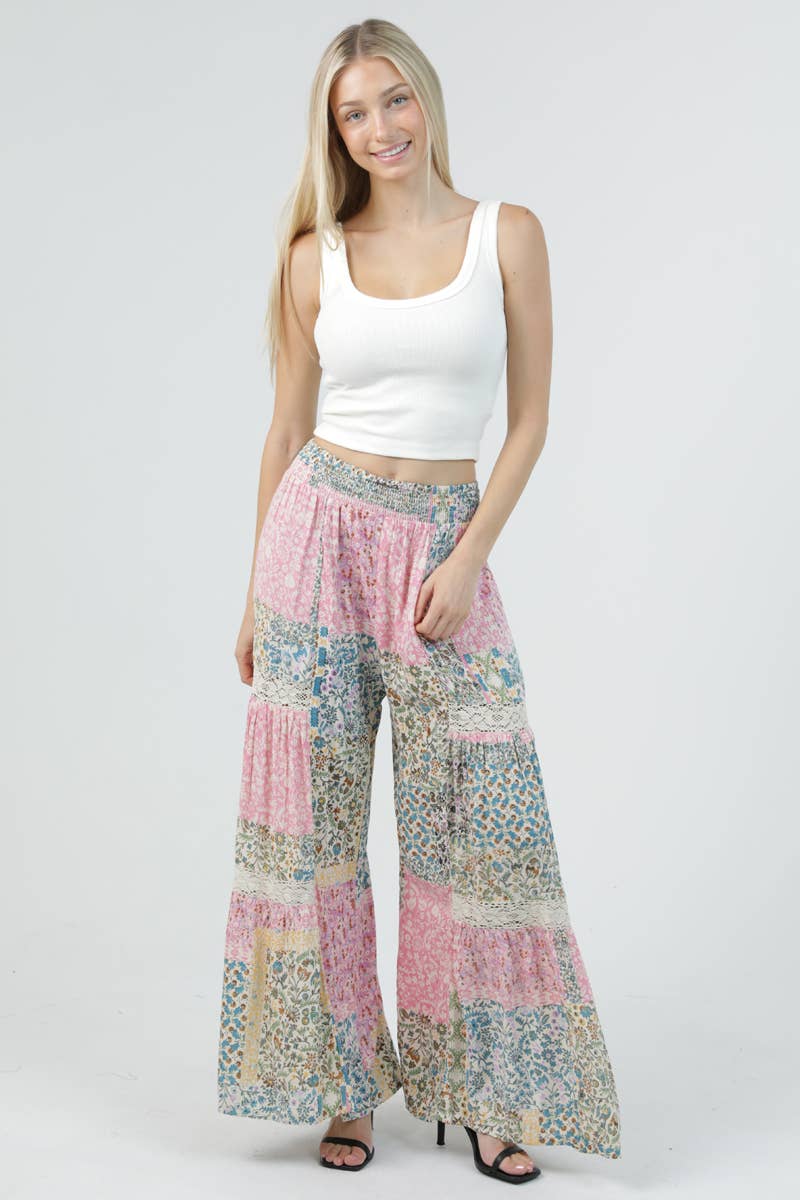 Patchwork Dreams Wide Leg Flare Pants with Lace Inserts Sizes Sm-Lg