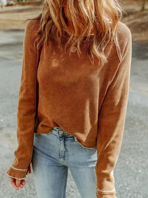 Textured Round Neck Long Sleeve Top: Sizes S-M-L Olive or Cinnamon