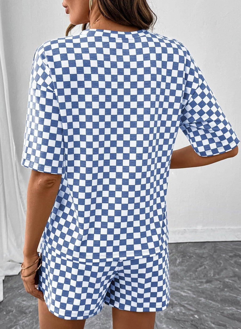 Checkered Short Sleeve Drawstring Lounge Set: Blue / L