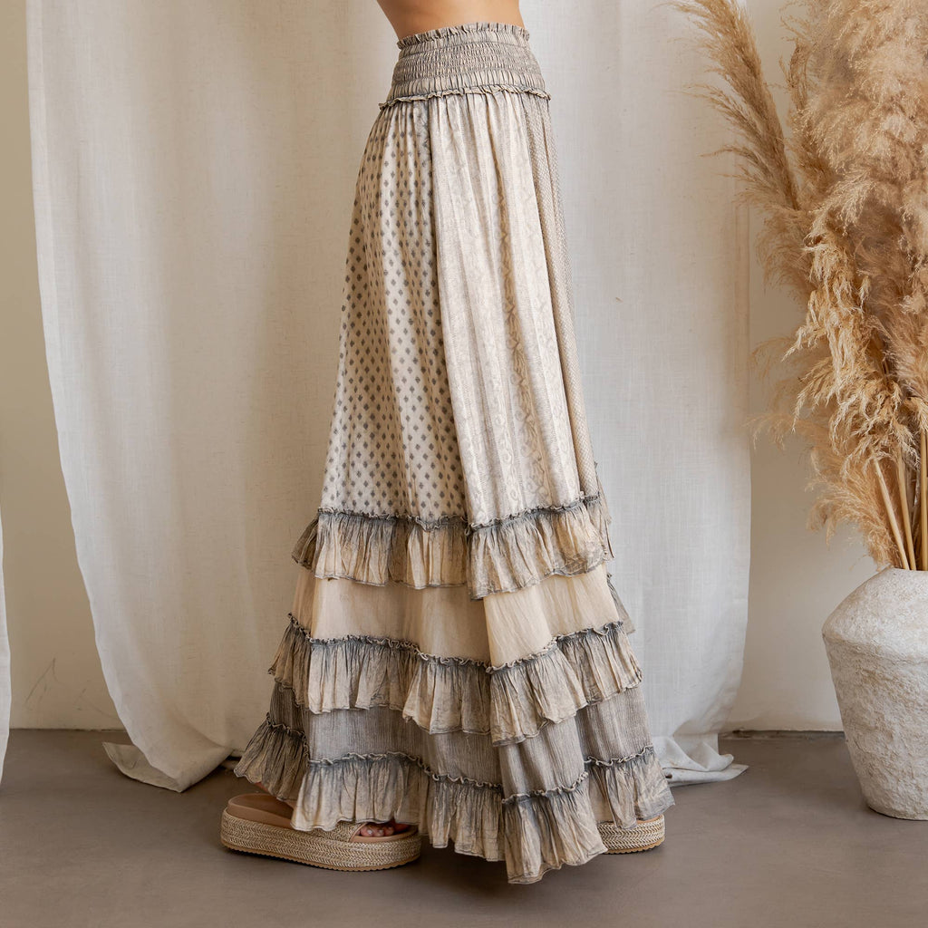 Young Threads: Rustic Textured Smocked Waist Ruffled Tiered Maxi Skirt: Gray / Small - 3X