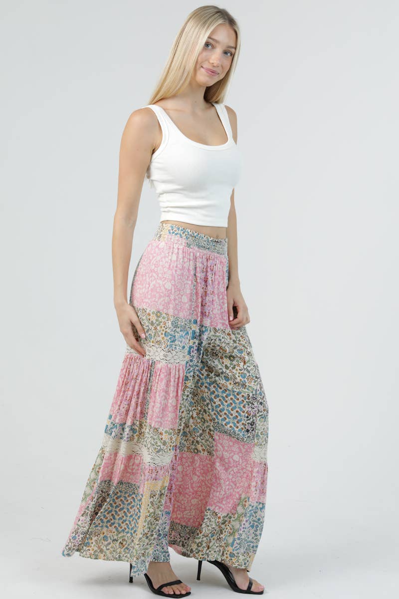 Patchwork Dreams Wide Leg Flare Pants with Lace Inserts Sizes Sm-Lg