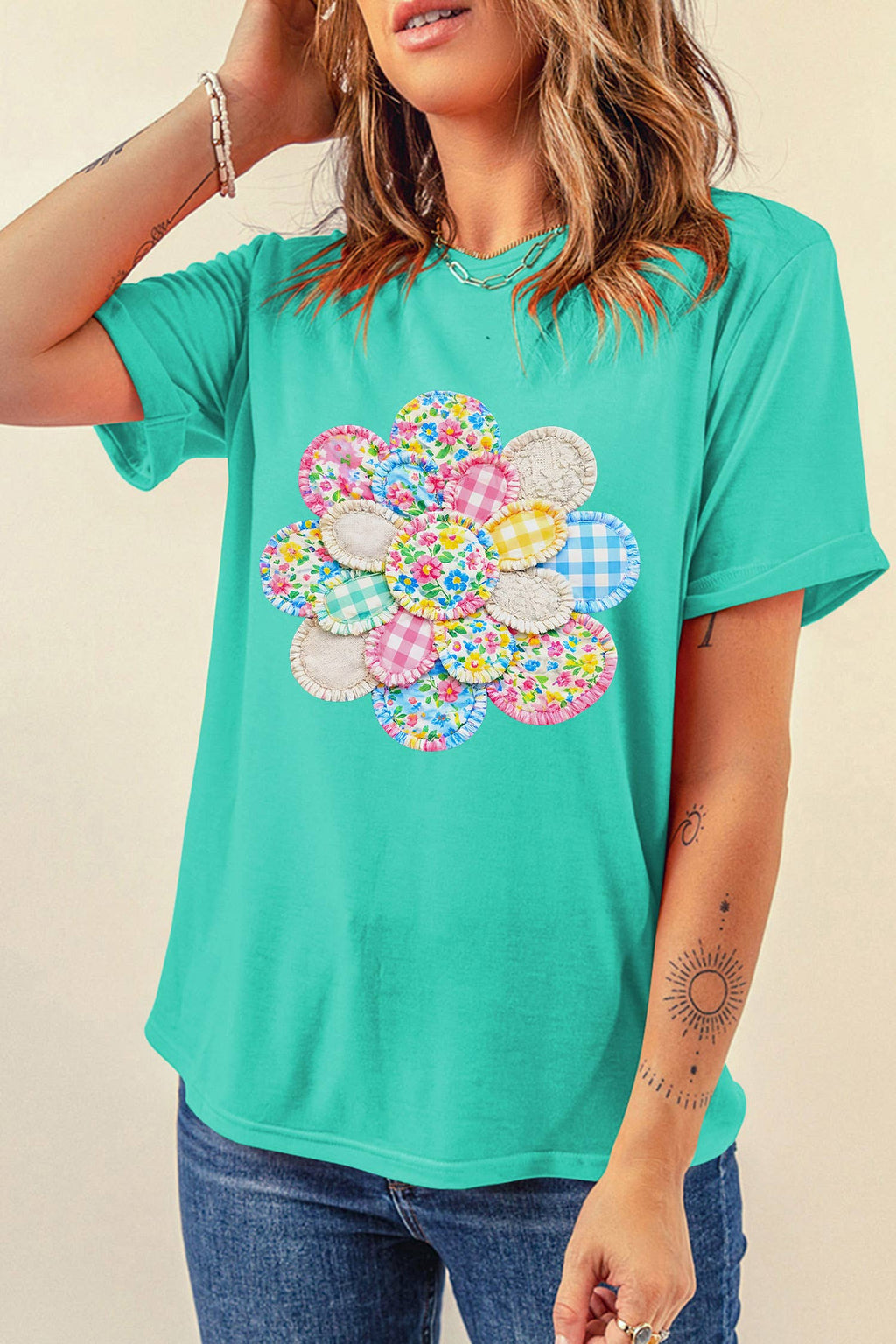 Patchwork Flower Printed Casual T Shirt : Mint Green S-3X