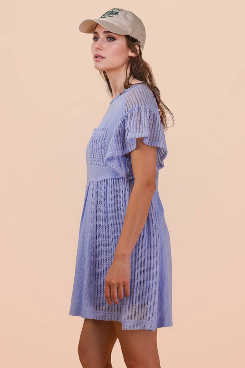 Waffle Knit Contrast Solid Comfy Mini Dress: BLUE / S-M-L/