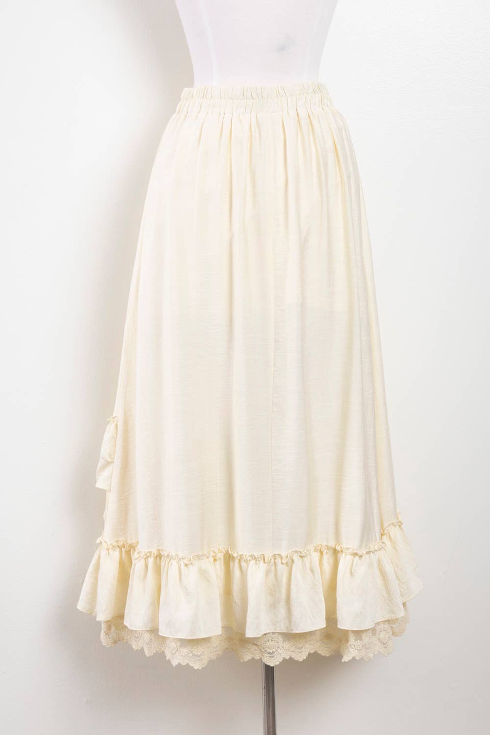 Ruffle Hem Lace Trim Midi Skirt: NATURAL / S-M-L/