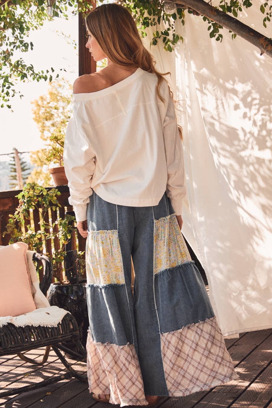 Mixed Fabric Patchwork Wide Leg Pants: WASHED DENIM