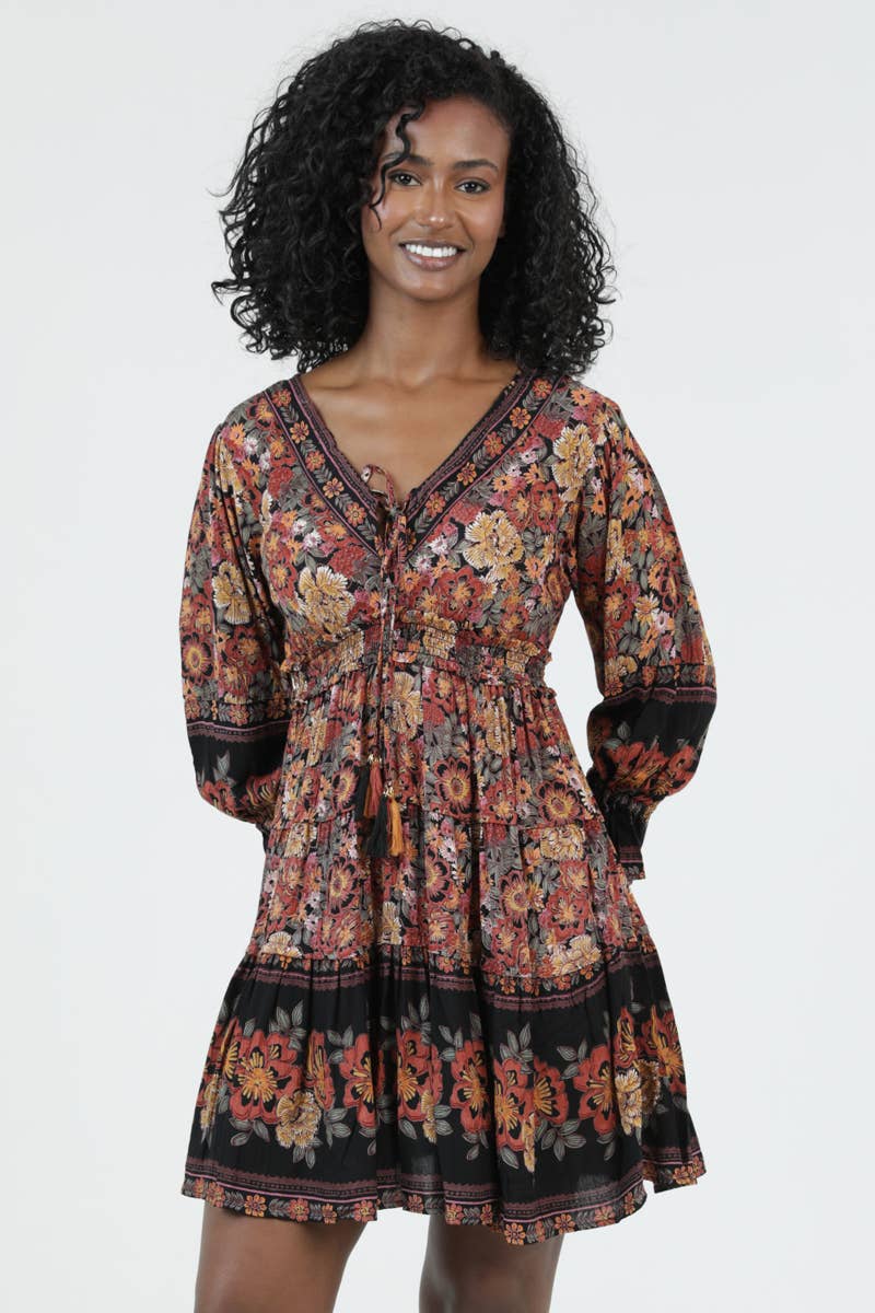 Autumn Wanderer Boho Floral Long Sleeve Dress Sizes Sm-Lg