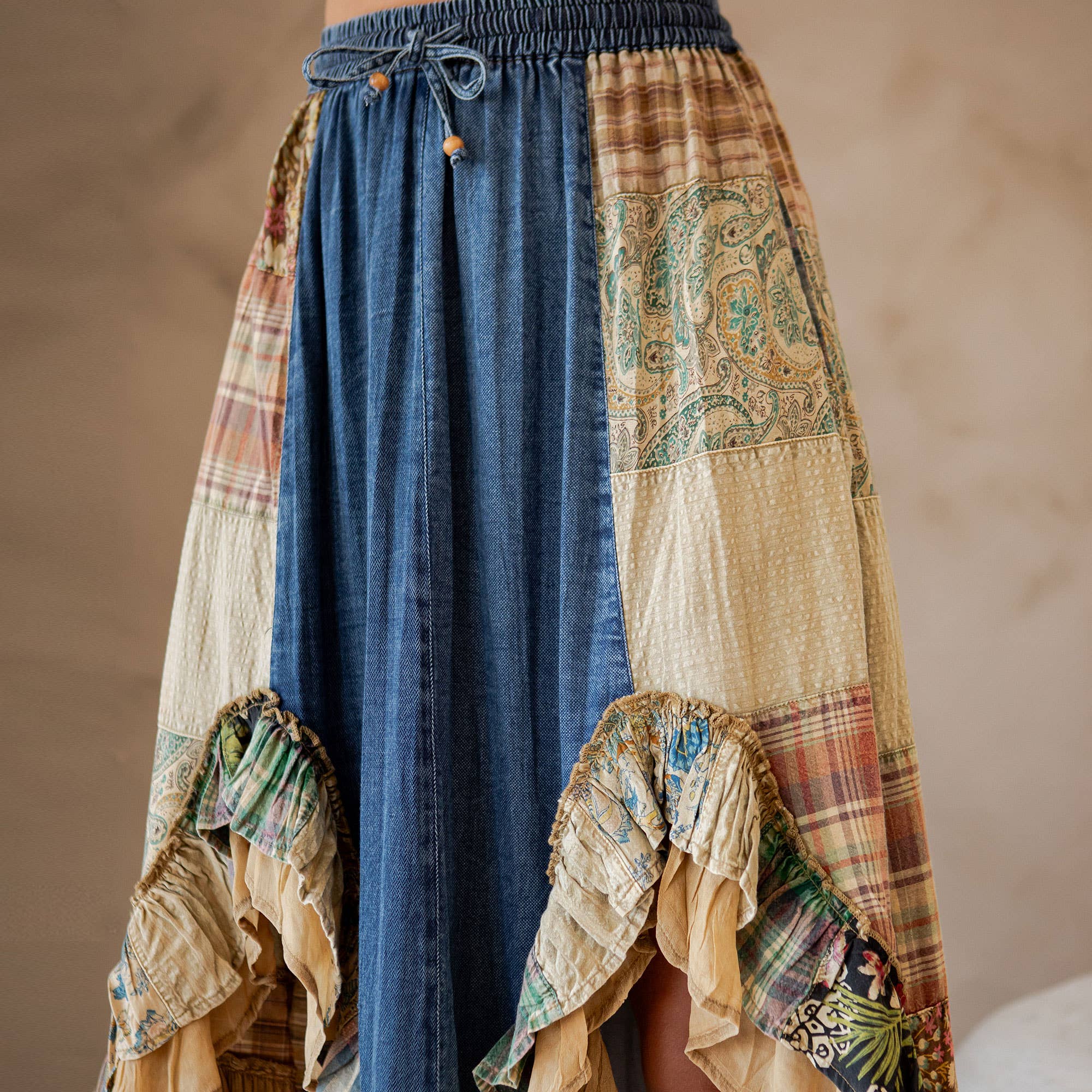 Young Threads: Western Boho Chic: Patchwork Midi Skirt : DENIM / PLUS 1X-3X