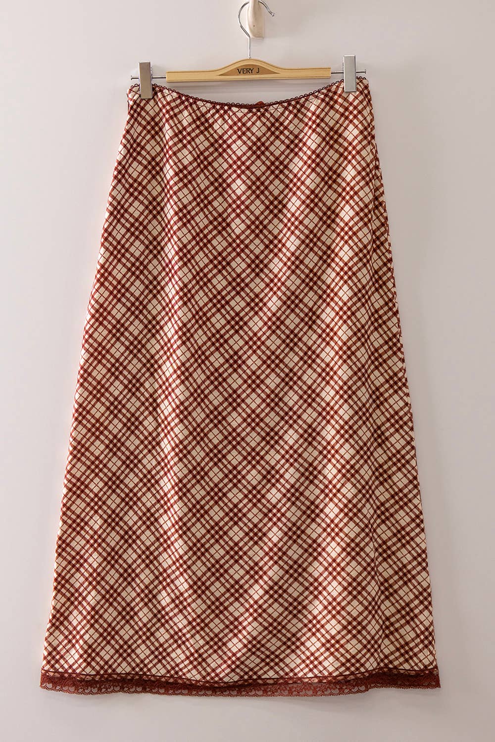 Plaid Midi Skirt with elastic waistband : CHOCO MIX