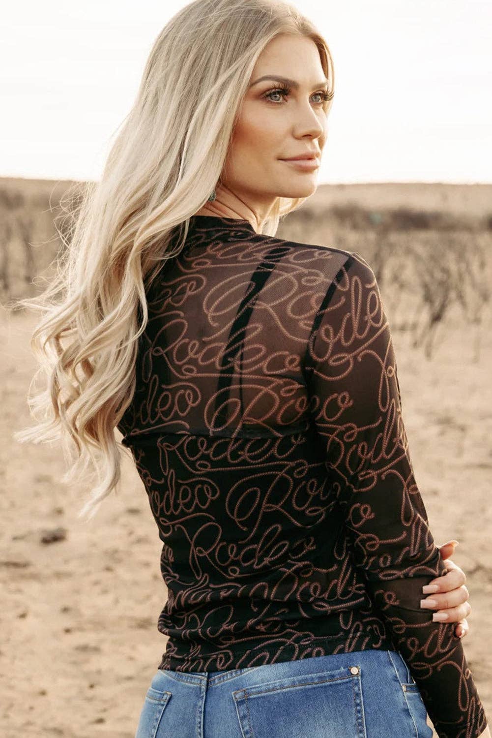 Black Western Rodeo Printed Mock Neck Long Sleeve Mesh Top: Black