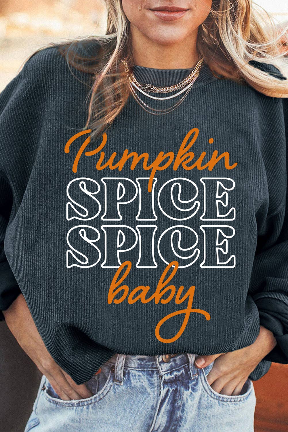 Autumn/Fall Pumpkin "Spice Spice Baby" Graphic Textured Sweatshirt: Dark Grey - Small - 2X