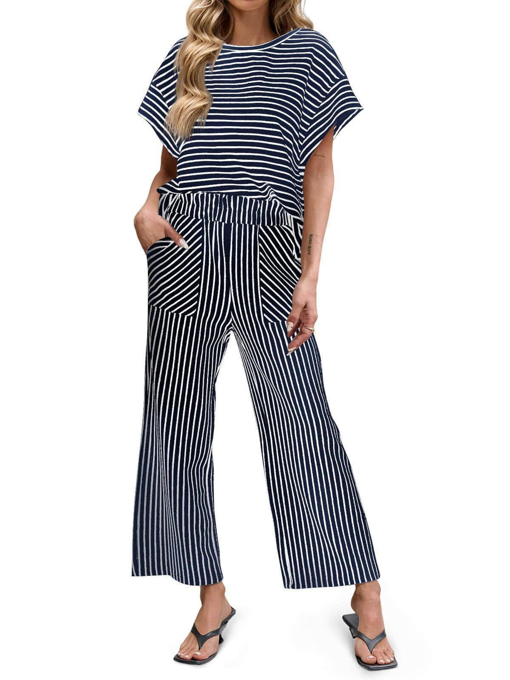 Striped Wide Leg Pants Set Casual 2 Piece Outfit: Black/Navy/Tan / S-2X