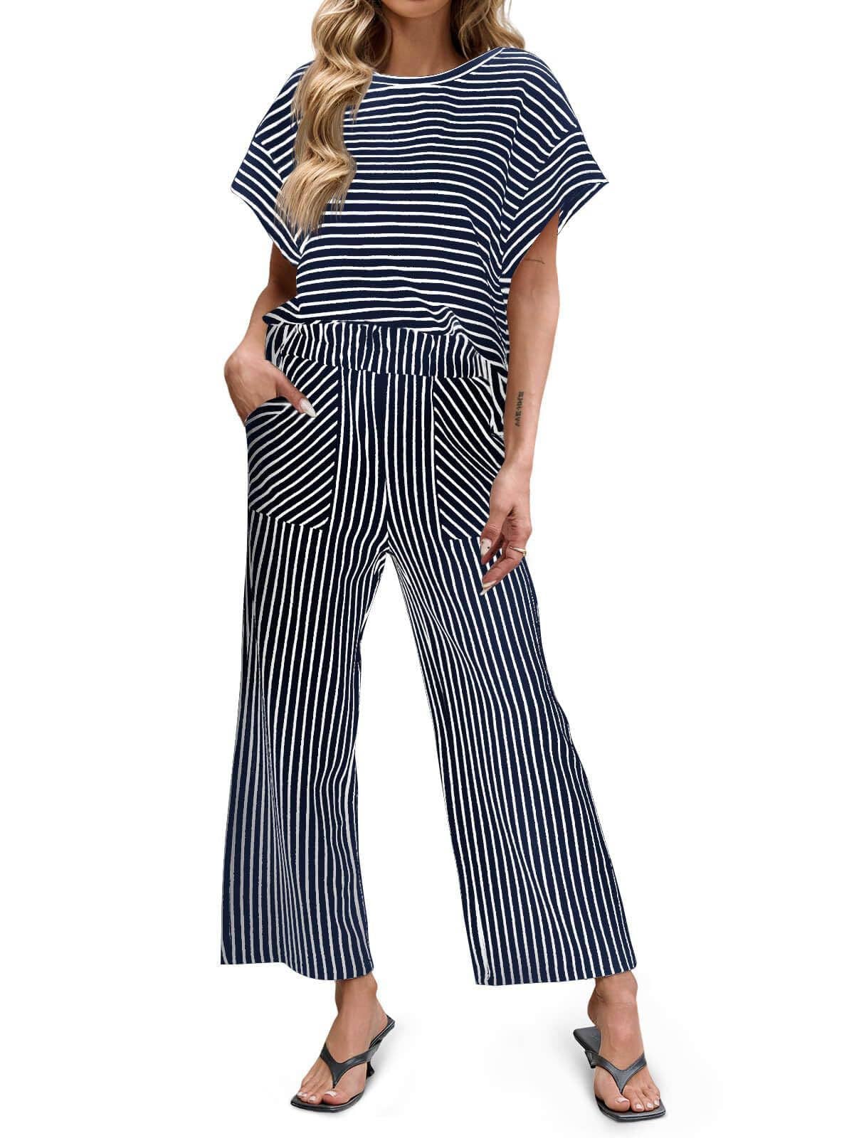 Striped Wide Leg Pants Set Casual 2 Piece Outfit: Black/Navy/Tan / S-2X