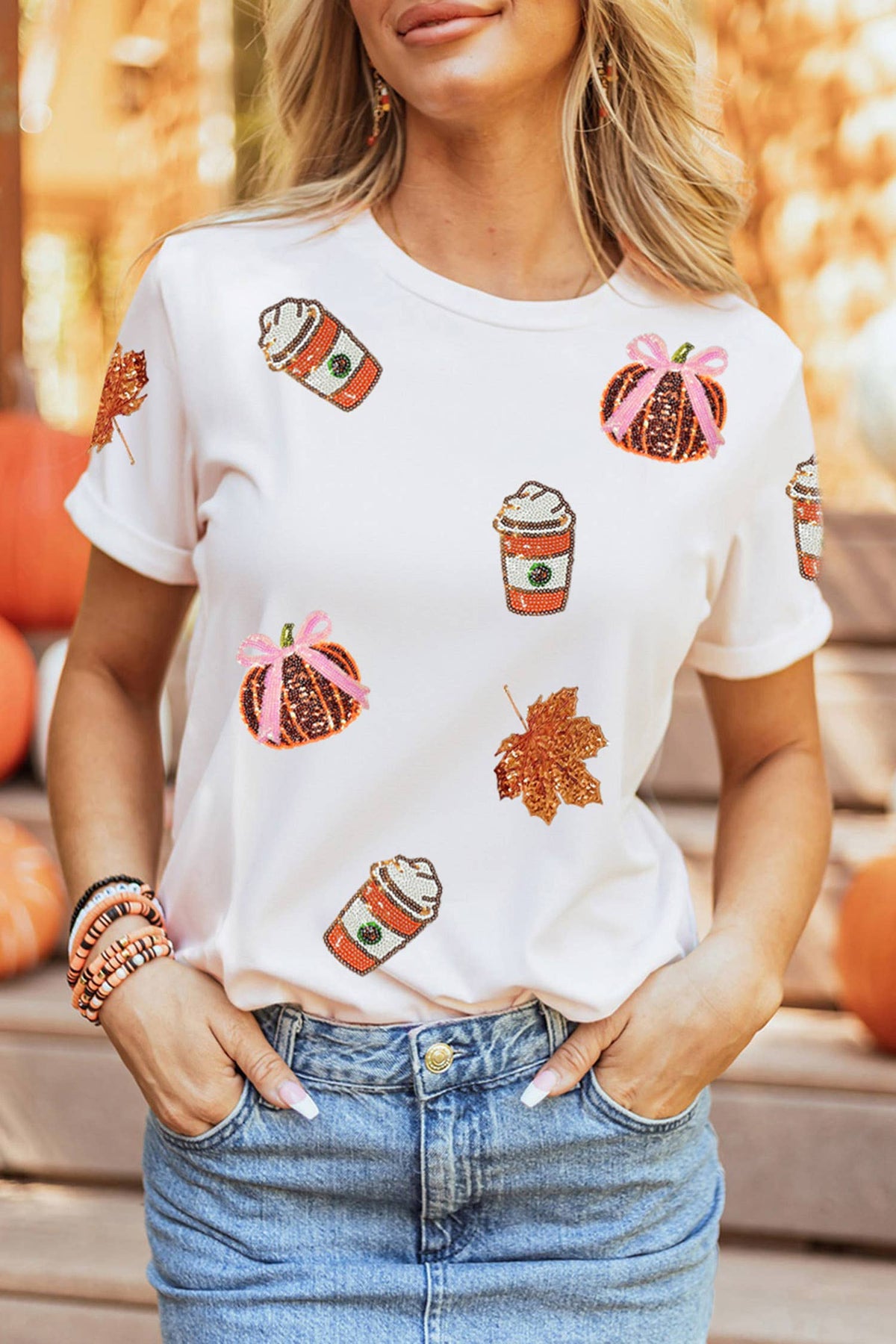 Sequined Pumpkin Fall Graphic T Shirt White