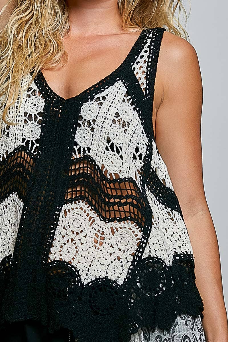 POL Scalloped Crochet V-Neck Sleeveless Top: BLACK MULTI / One Size