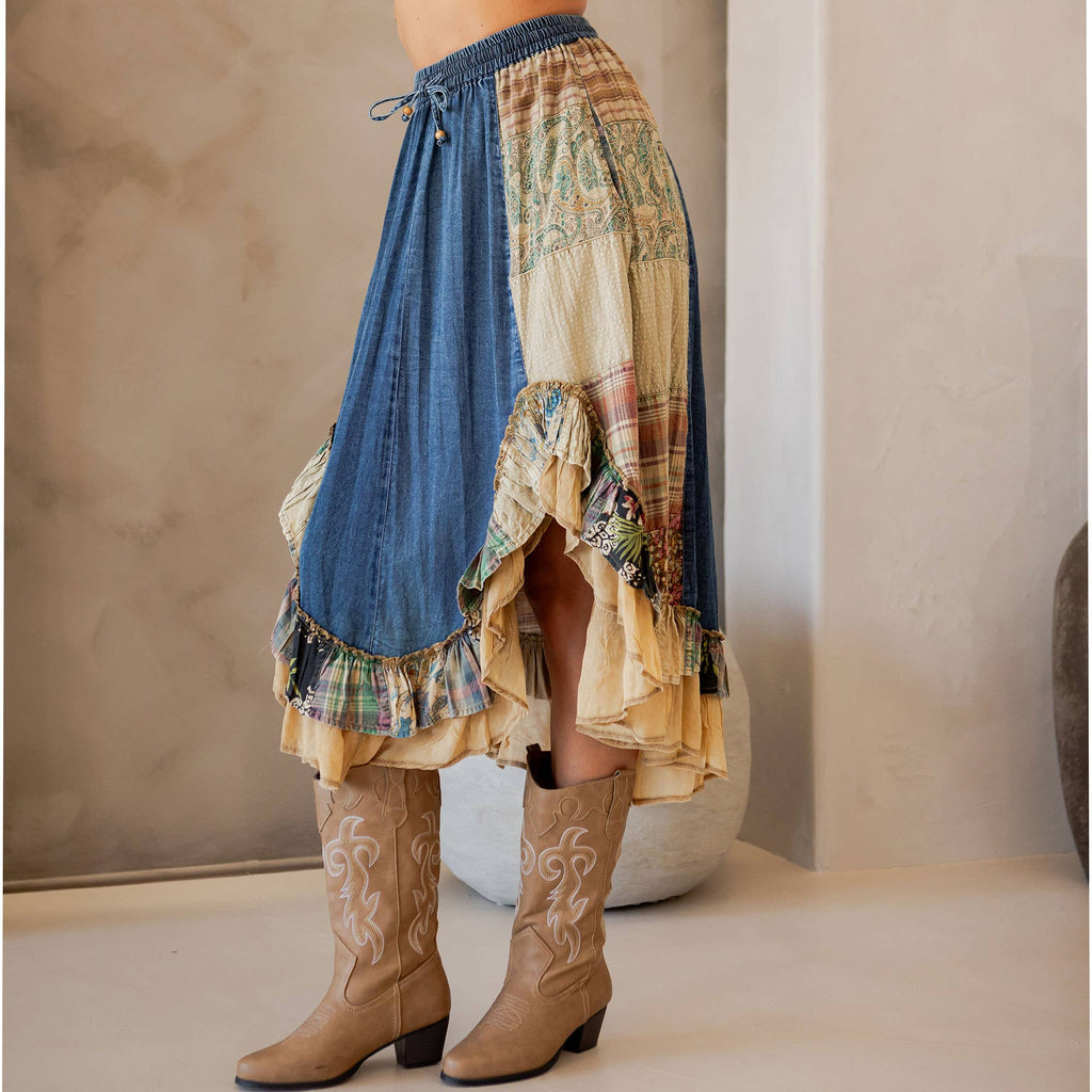 Young Threads: Western Boho Chic: Patchwork Midi Skirt : DENIM / PLUS 1X-3X