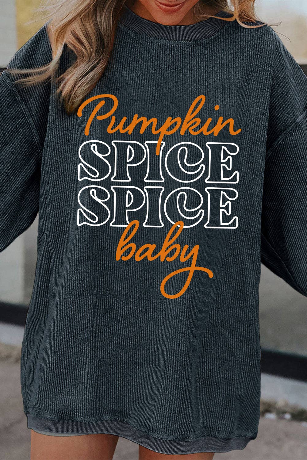 Autumn/Fall Pumpkin "Spice Spice Baby" Graphic Textured Sweatshirt: Dark Grey - Small - 2X