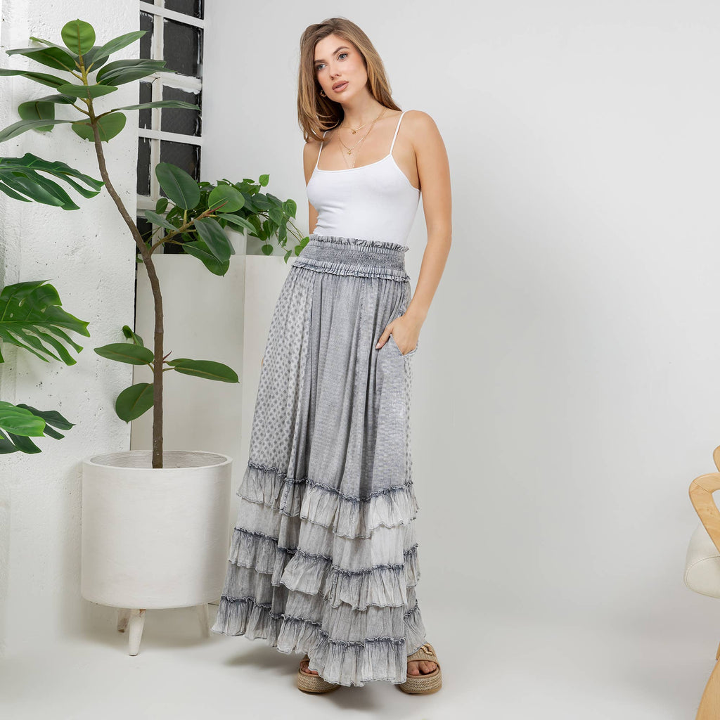 Young Threads: Rustic Textured Smocked Waist Ruffled Tiered Maxi Skirt: Gray / Small - 3X
