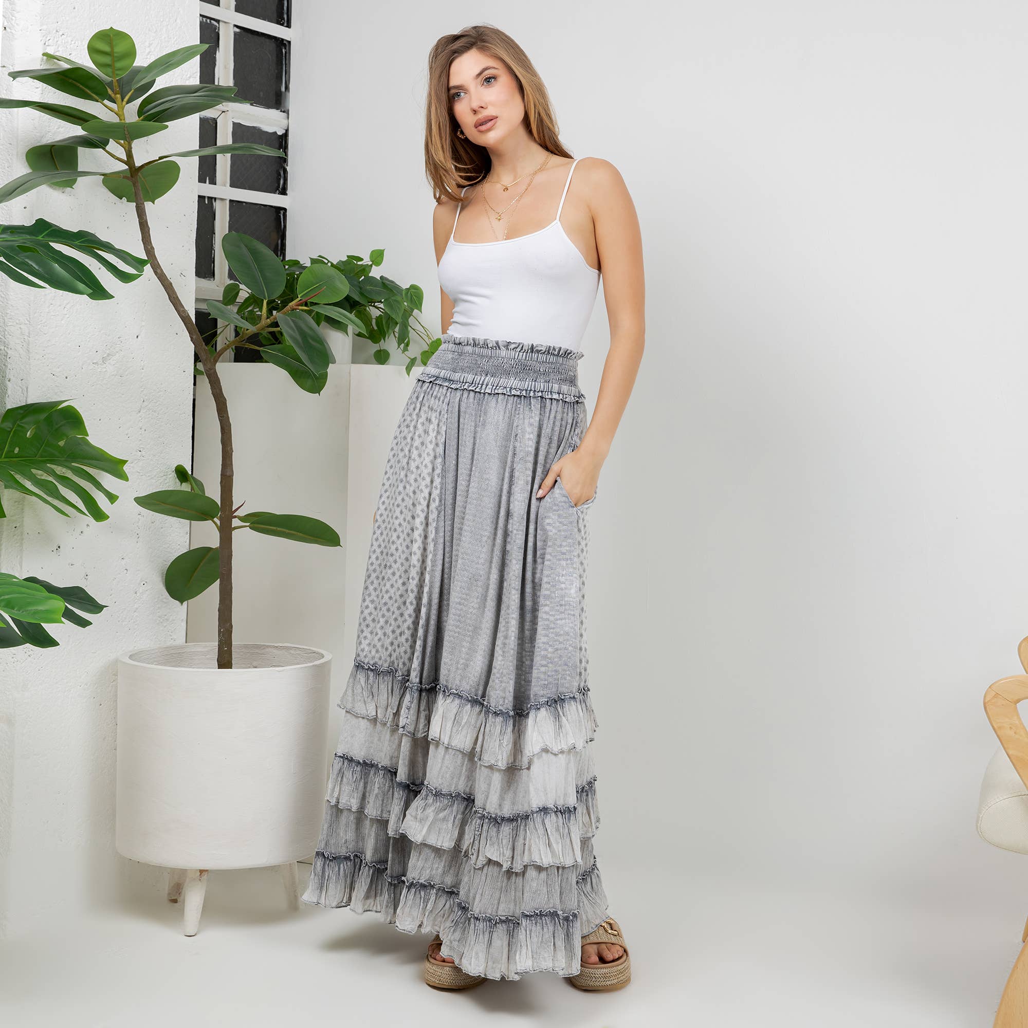 Young Threads: Rustic Textured Smocked Waist Ruffled Tiered Maxi Skirt: Gray / Small - 3X