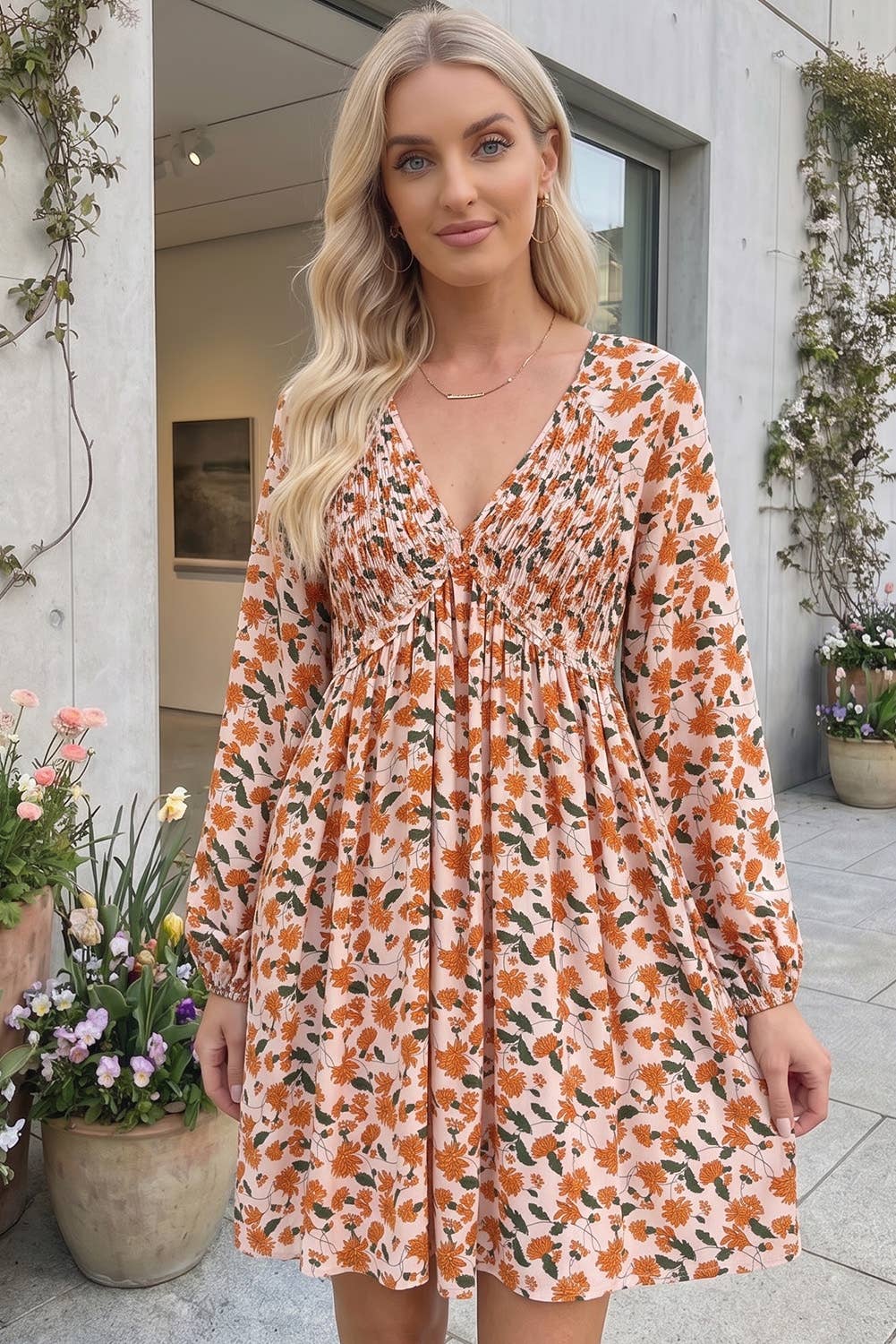 Fall Floral Deep V Neck Smocked Bubble Sleeve Dress