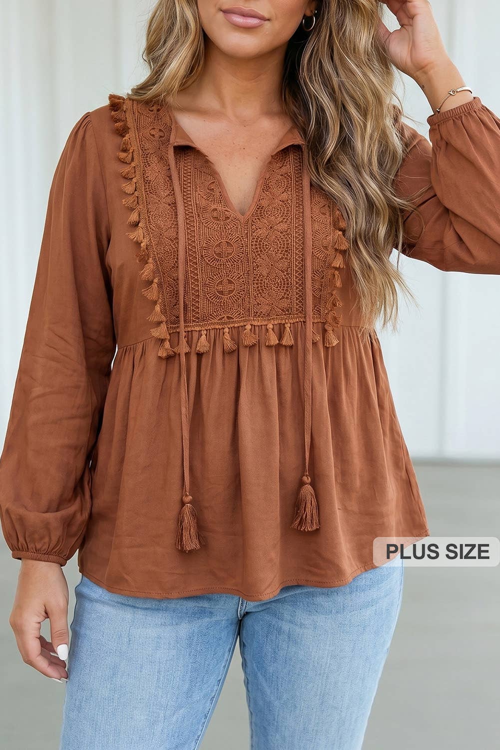 Boho Embroidered Knot Fringe Plus Size Blouse: Chestnut / Plus Sizes in 1X-3X