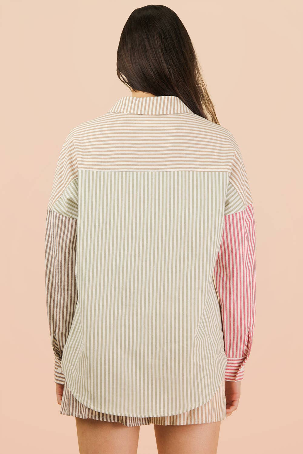 Stripe Color Block Shirt & Shorts Set: PINK MIX / S-M-L/