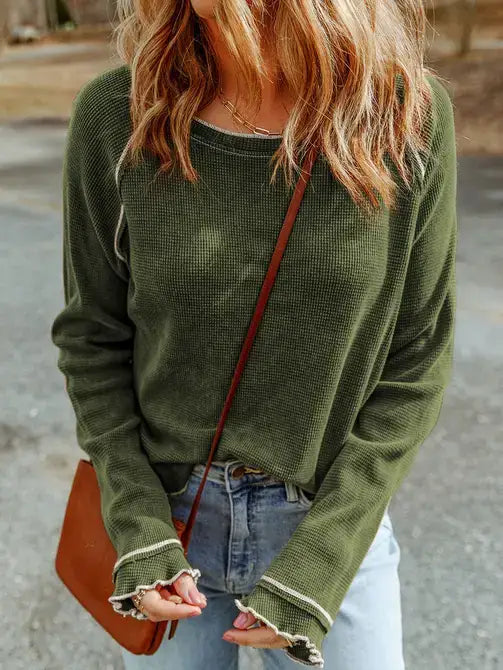 Textured Round Neck Long Sleeve Top: Sizes S-M-L Olive or Cinnamon