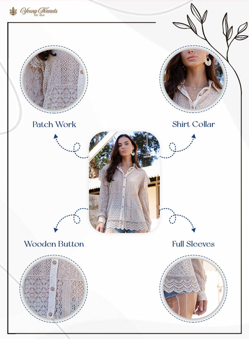 Young Threads Desert Dream Rhapsody Shirt All Lace Ruffle Shoulder Button Front: LATTE / Sizes Small - 3X!