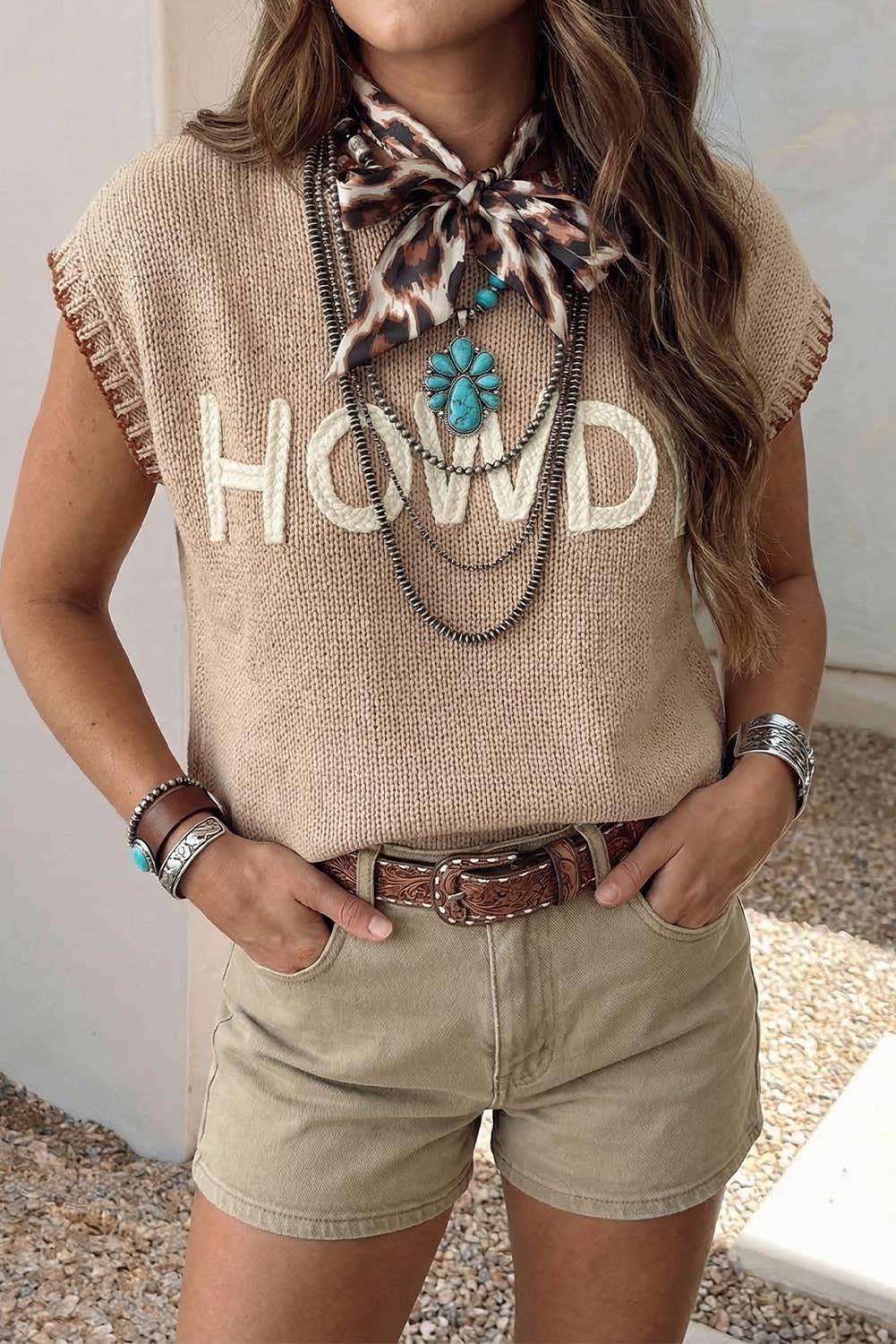 Short Sleeve Knit HOWDY Western Sweater: Parchment Size Small - XL