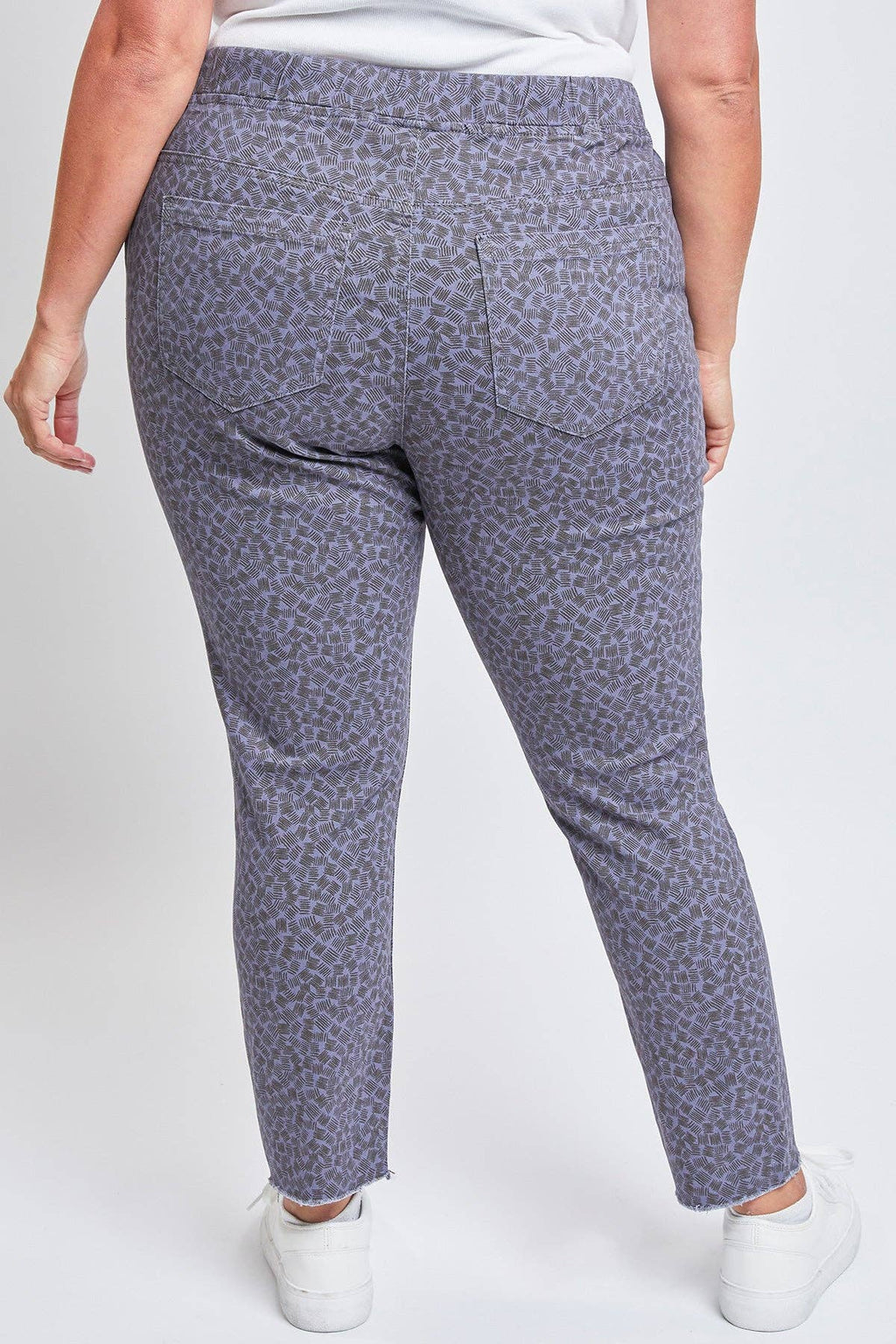 Plus Size Pull On Denim Joggers with a Whiskering Design and a Dog Bite Hem