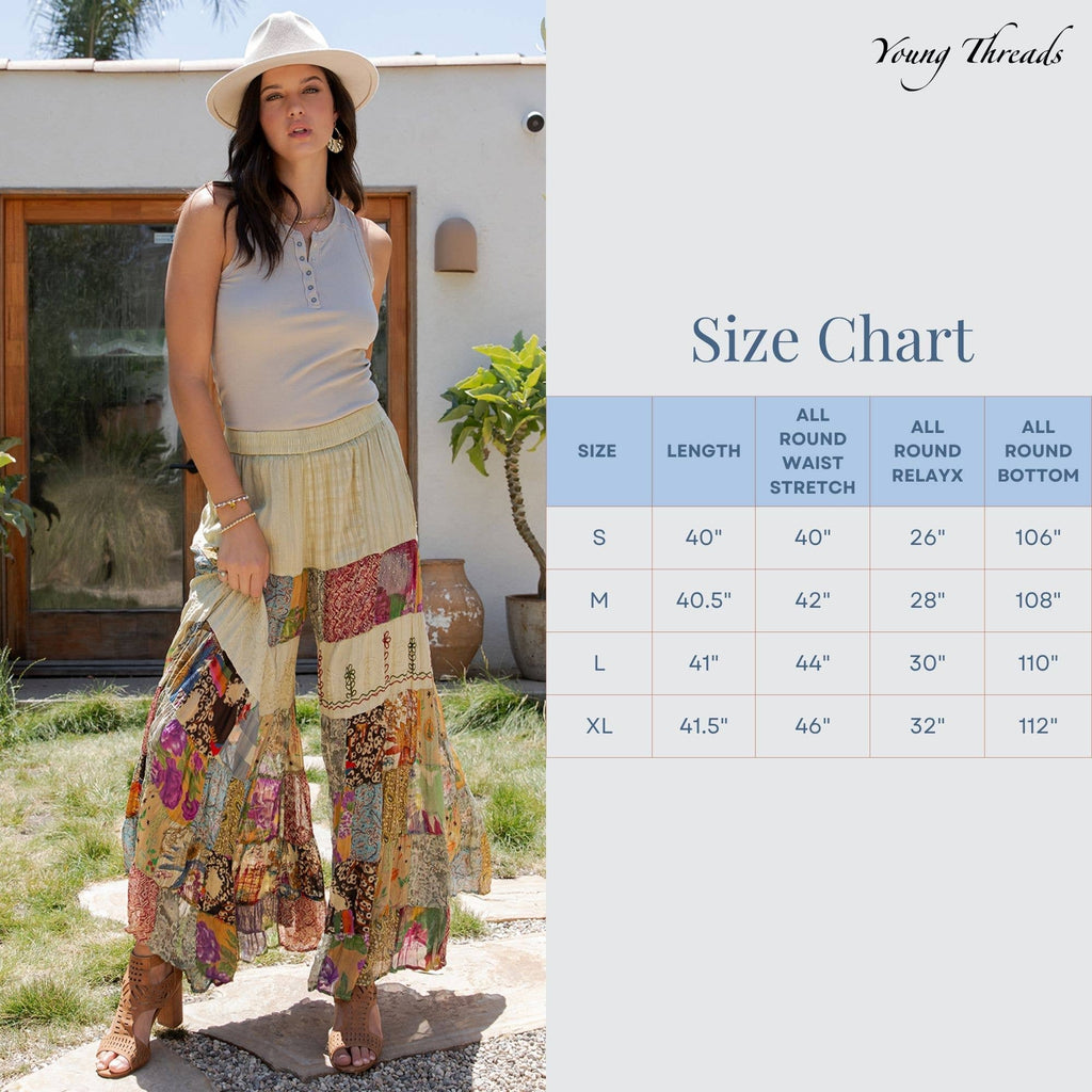 Young Threads - Boho Artisan Tiered Patchwork Wide-Leg Pants: Moss - Sizes Small - XL