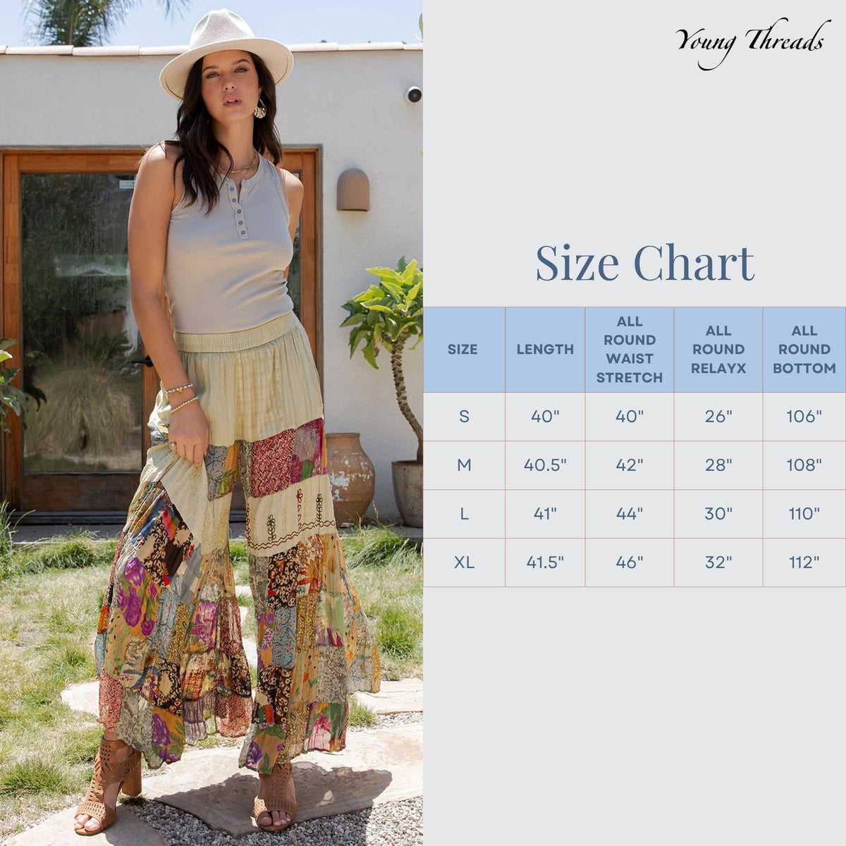 Young Threads - Boho Artisan Tiered Patchwork Wide-Leg Pants: Moss - Sizes Small - XL