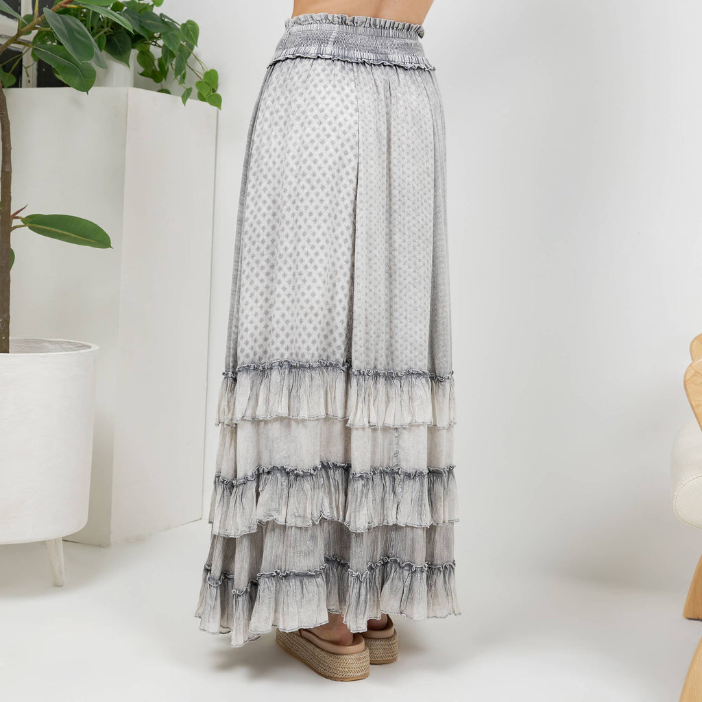 Young Threads: Rustic Textured Smocked Waist Ruffled Tiered Maxi Skirt: Gray / Small - 3X