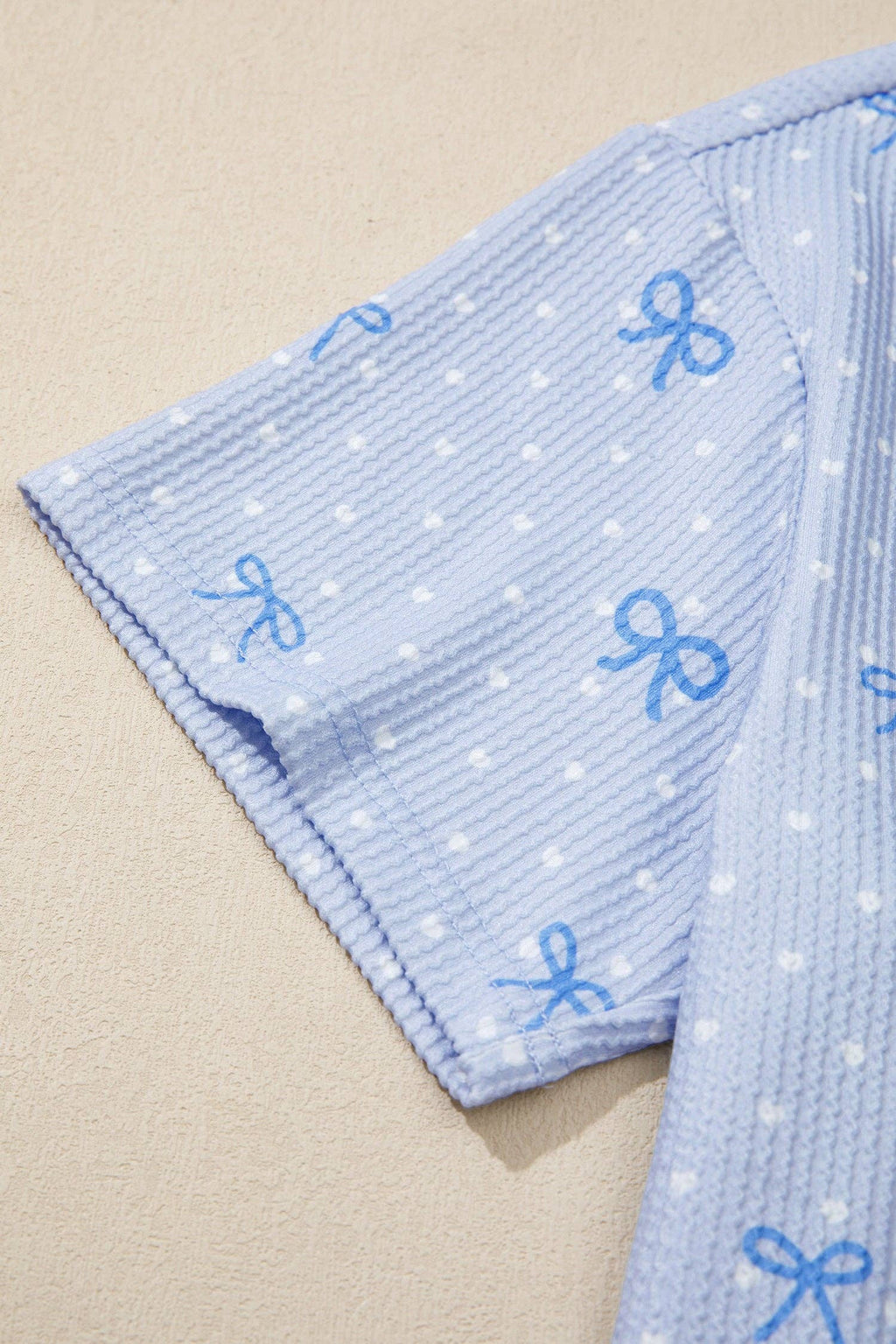 Bow Textured Ribbed Lounge Set Casual Short Set: Sky Blue S-XL