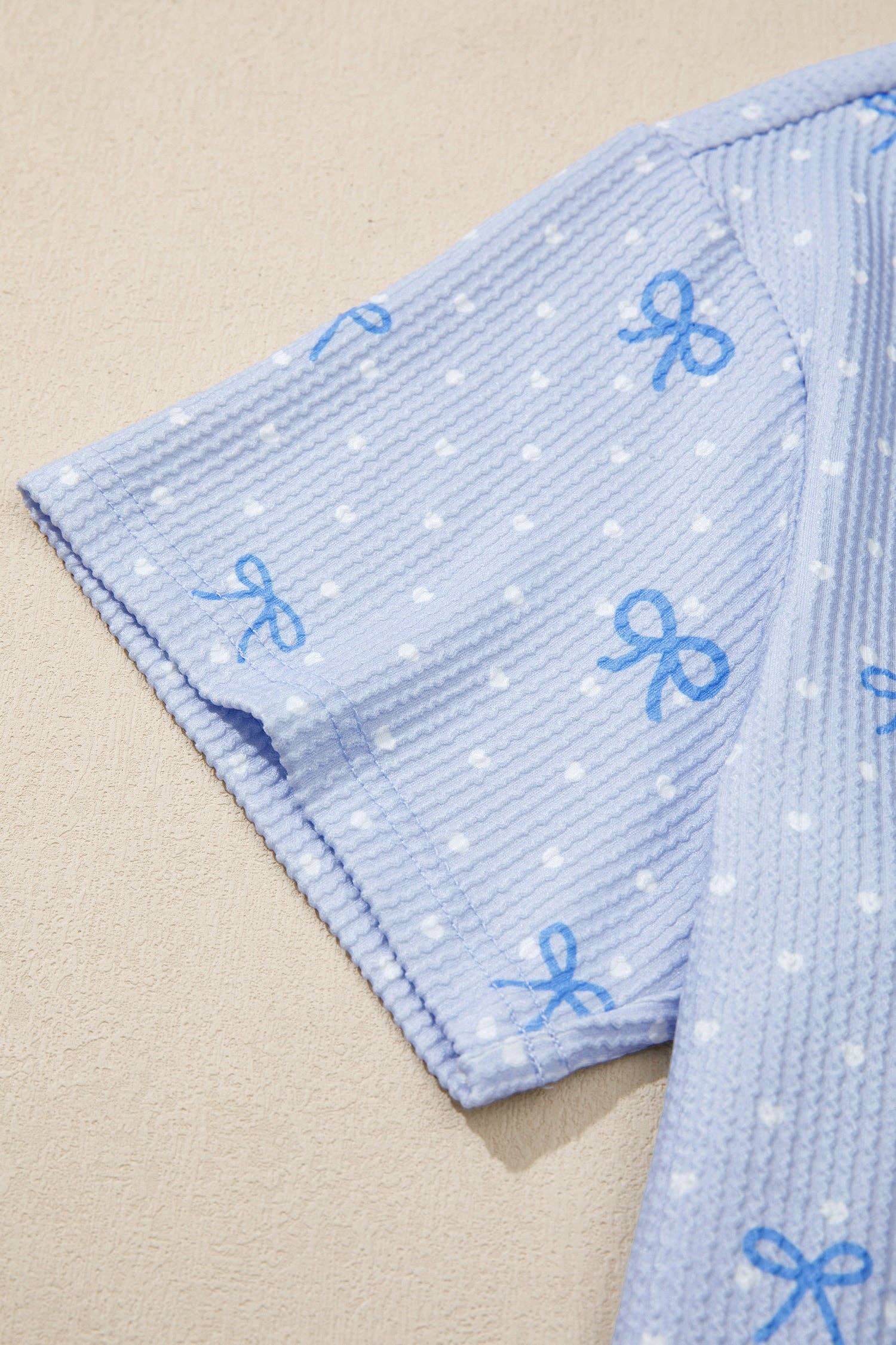 Bow Textured Ribbed Lounge Set Casual Short Set: Sky Blue S-XL