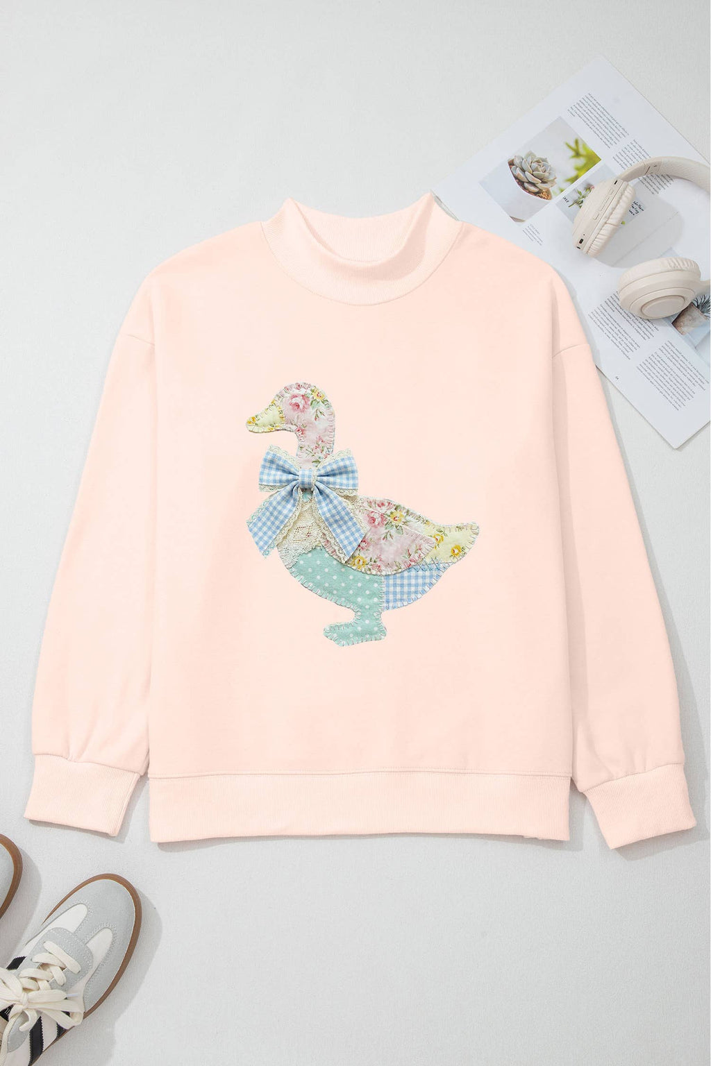 Patchwork Quilted Duck Faux Printed Mock Neck Sweatshirt: Pink