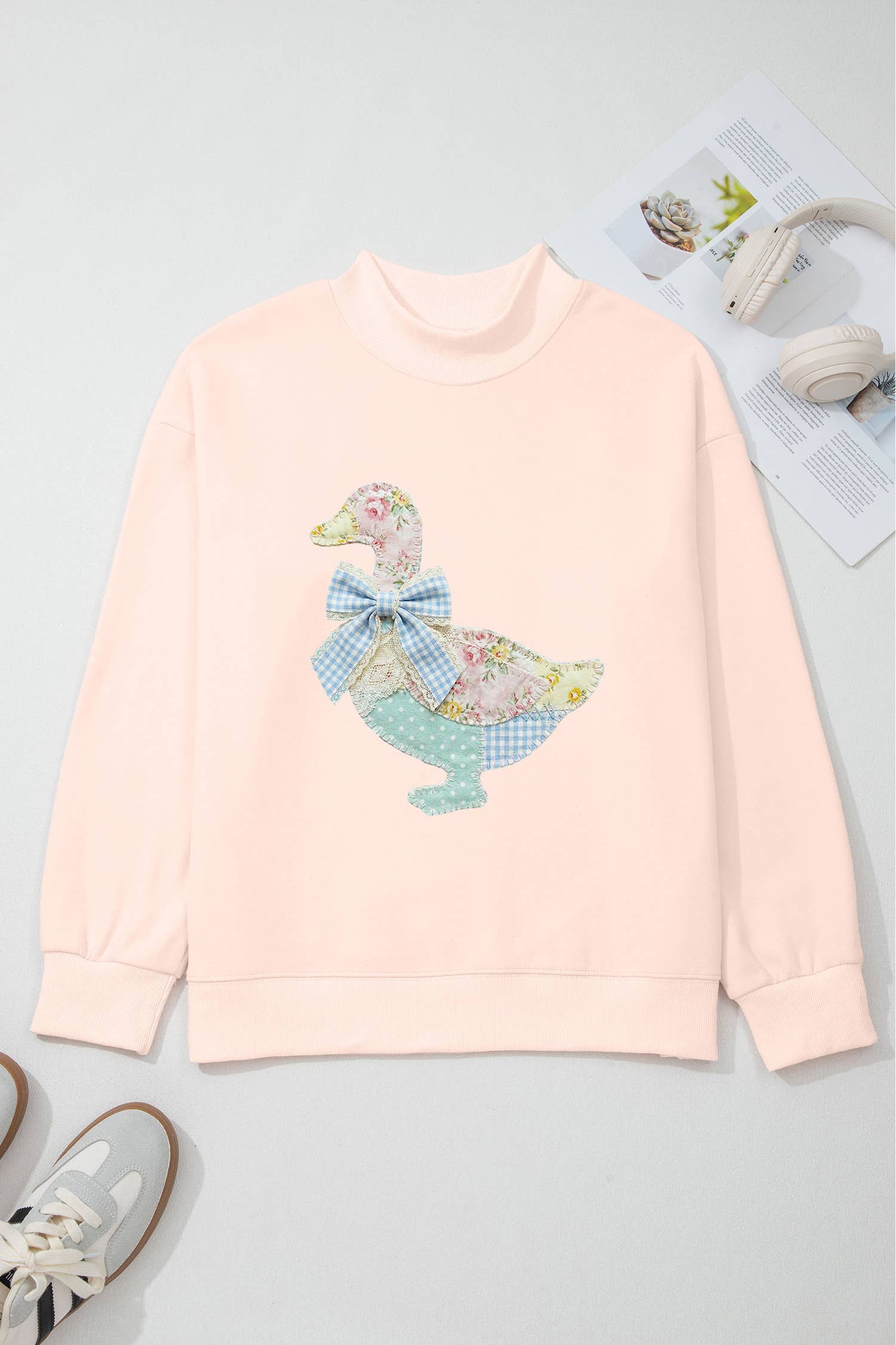 Patchwork Quilted Duck Faux Printed Mock Neck Sweatshirt: Pink