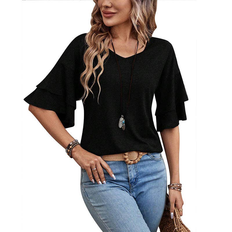 V Neck Ruffle Sleeve Loose Fit Women’s Top: Black/Navy/Tan: Sizes Small - 2X