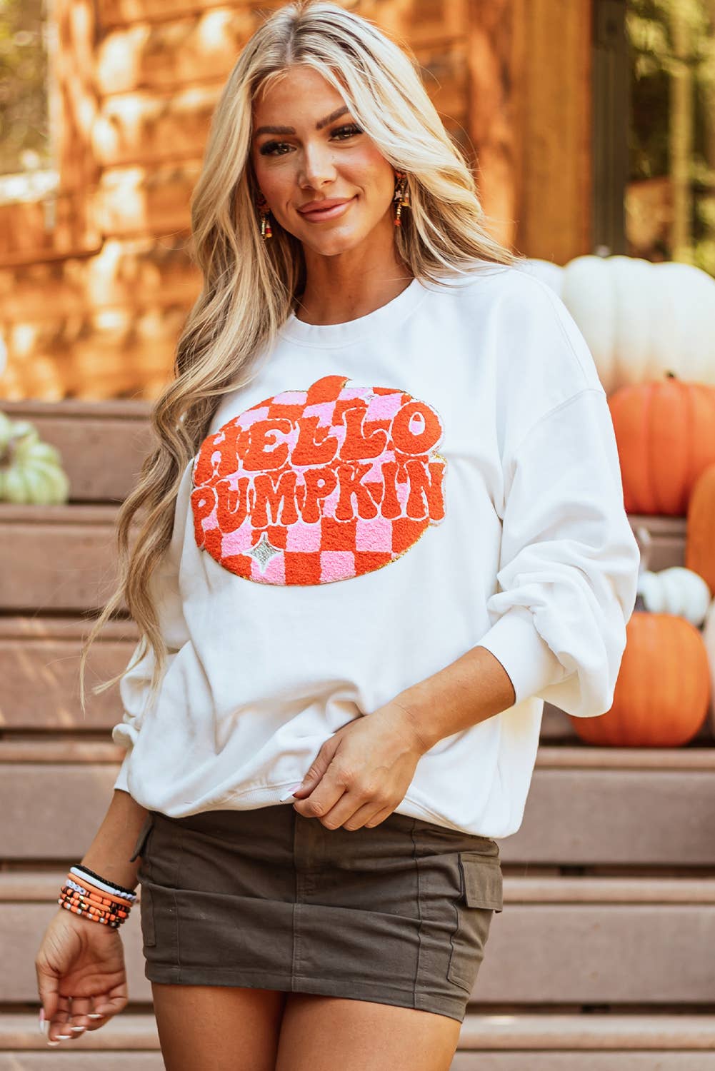Terry Halloween Pumpkin Patched Pattern Sweatshirt: White / XL