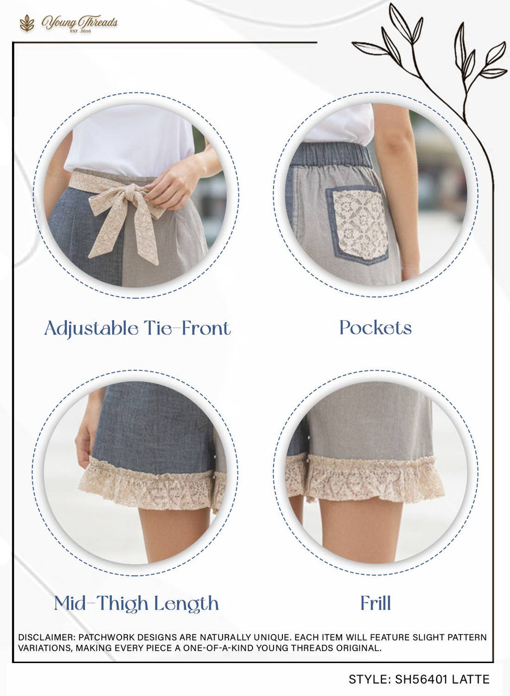 Young Threads: Artisan Boho Linen Tie-Waist Ruffle Hem Shorts NEW: LATTE / Small - XL