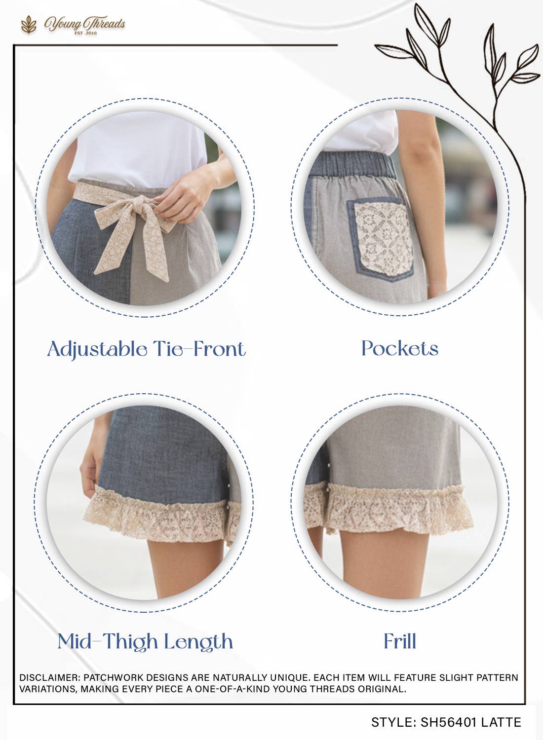 Young Threads: Artisan Boho Linen Tie-Waist Ruffle Hem Shorts NEW: LATTE / Small - XL