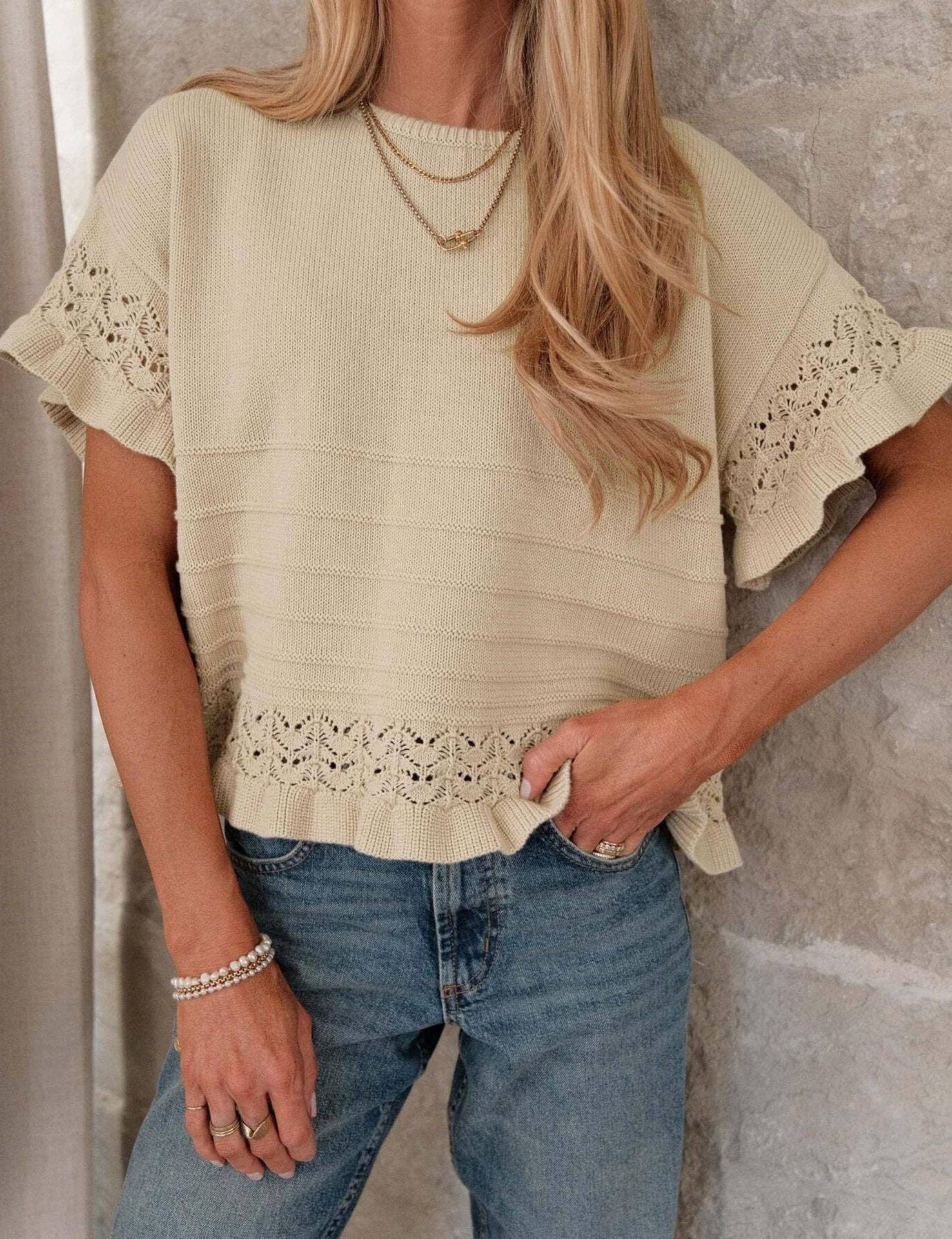 Boho Solid Knit Top Sweater Casual Eyelet Ruffle Sleeve: Olive Green or Khaki: Small - XL