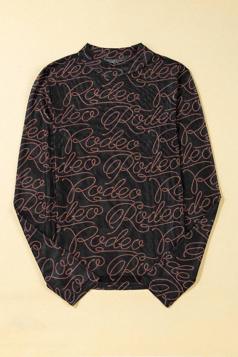 Black Western Rodeo Printed Mock Neck Long Sleeve Mesh Top: Black