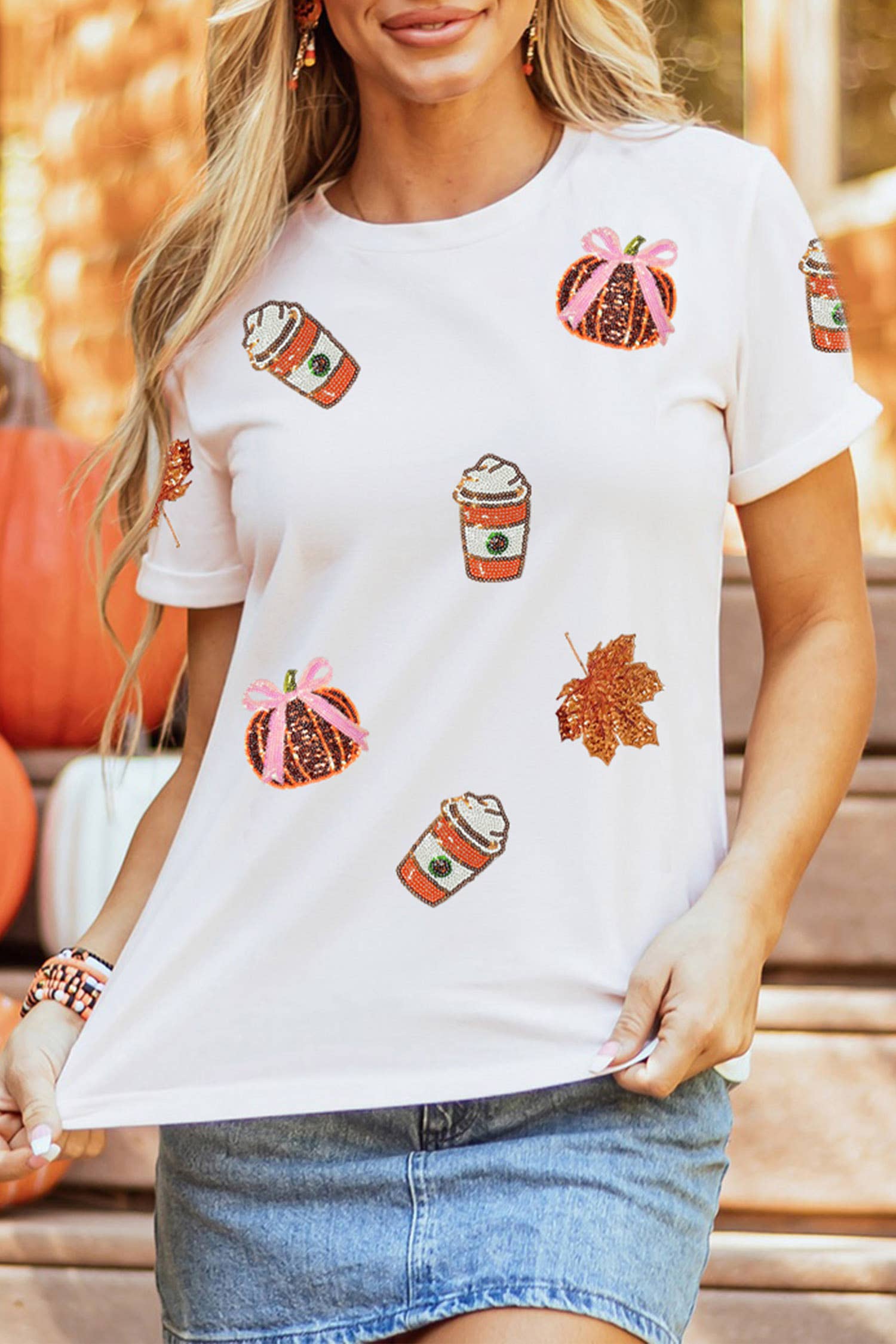 Sequined Pumpkin Fall Graphic T Shirt White