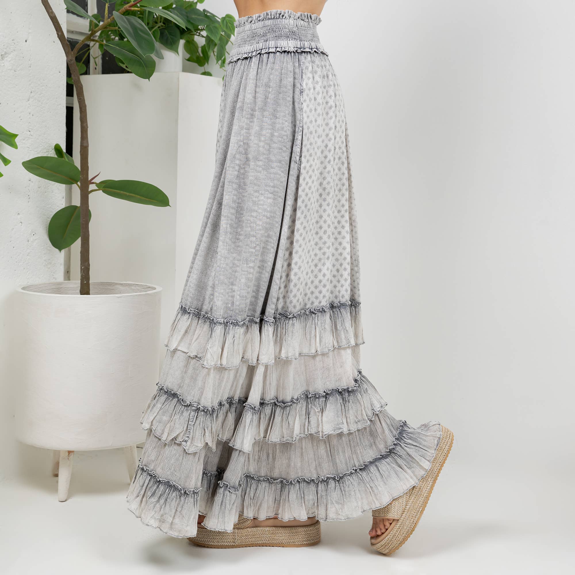 Young Threads: Rustic Textured Smocked Waist Ruffled Tiered Maxi Skirt: Gray / Small - 3X