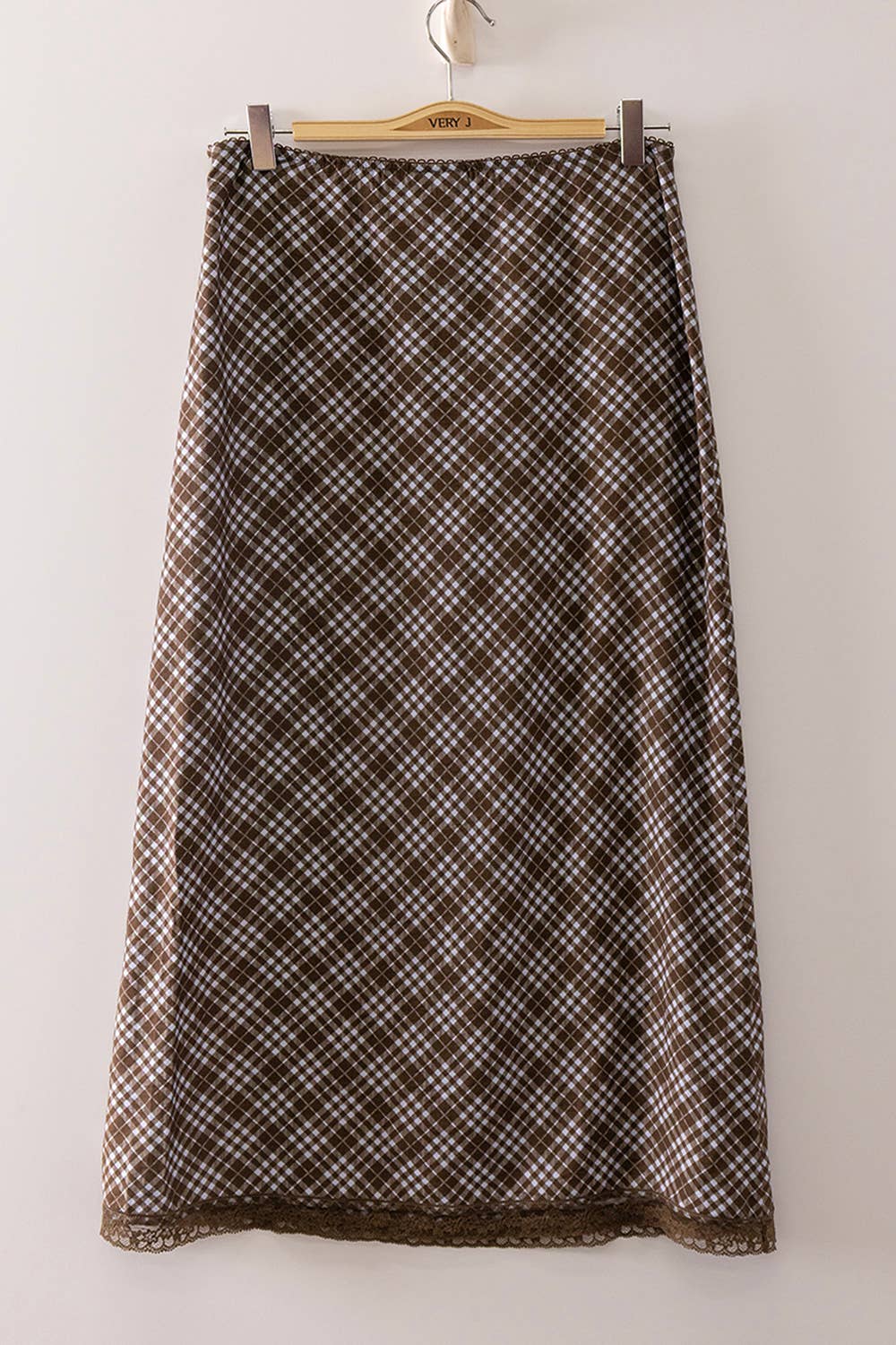 Plaid Midi Skirt with elastic waistband : CHOCO MIX