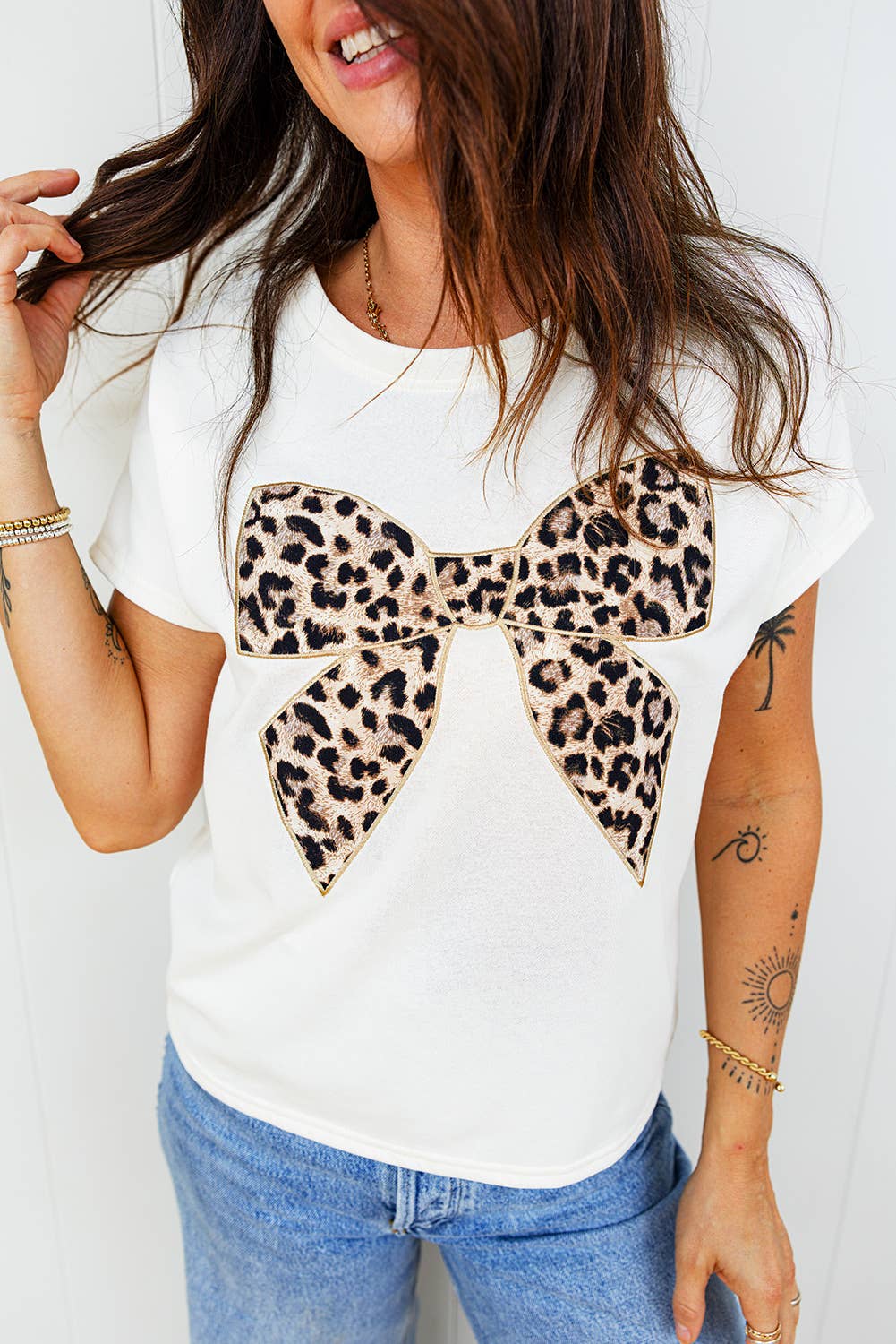 Leopard Bow Embroidered Cotton T Shirt : White / S - 3X