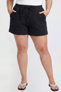 Black Double Gauze Shorts With Banded Hem Black / 1X-3X