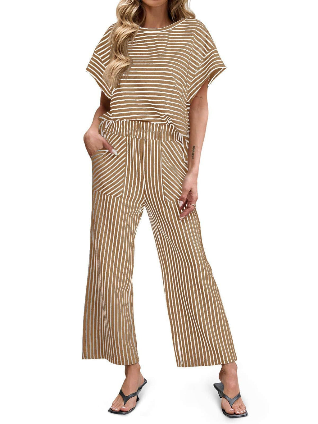Striped Wide Leg Pants Set Casual 2 Piece Outfit: Black/Navy/Tan / S-2X