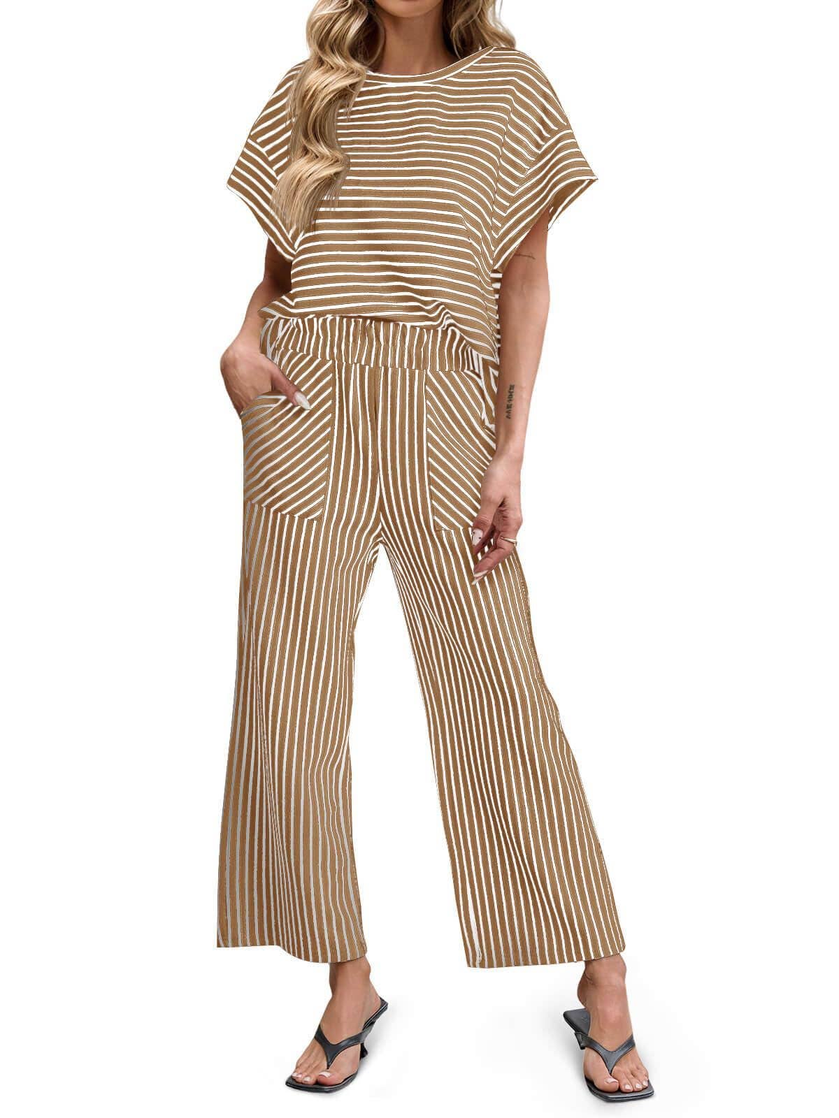 Striped Wide Leg Pants Set Casual 2 Piece Outfit: Black/Navy/Tan / S-2X